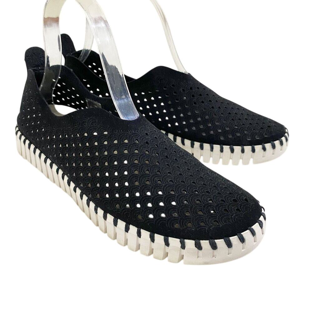 Ilse Jacobsen Black Suede Tulip Slip On Flats Laser Cut Pattern Women's Sz EU 38